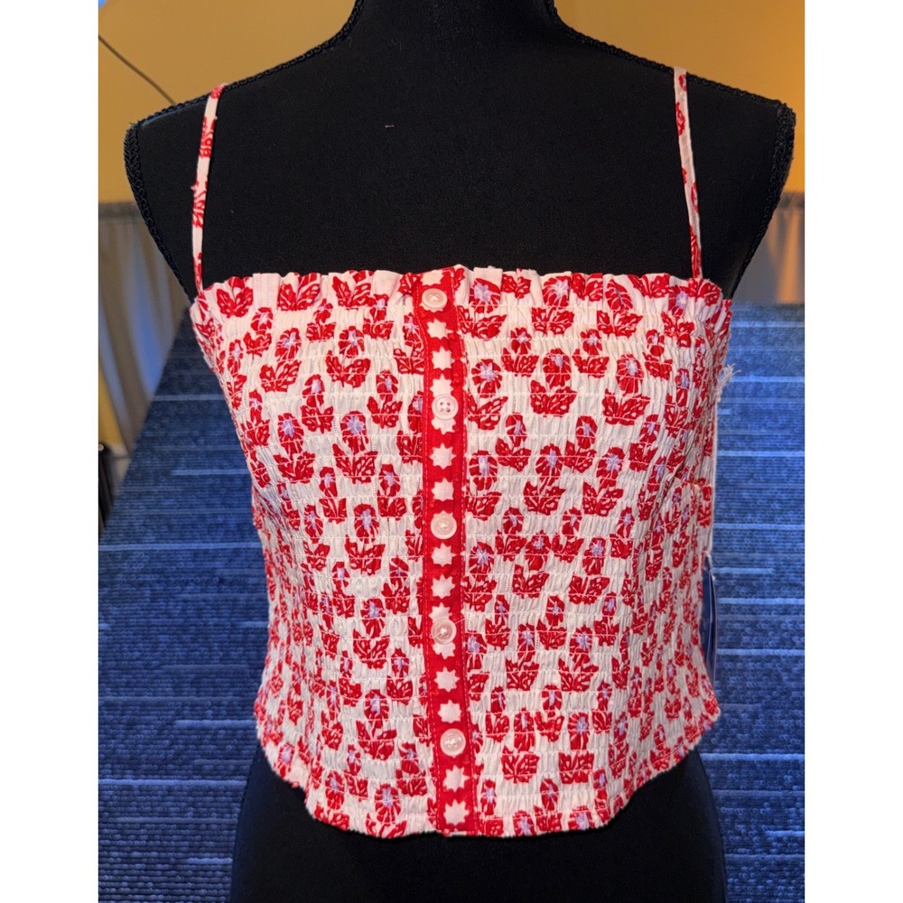 Roller Rabbit Tank Top Women XL Red Lavender Floral NEW Smocked Cropped Camisole